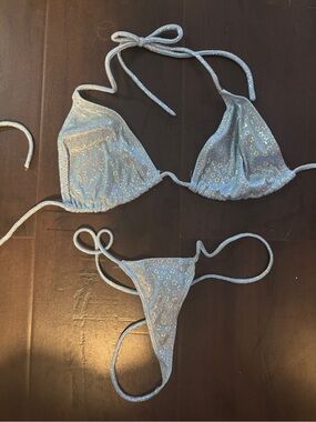 Y2K vintage Light Blue Sparkle String micro Bikini Set small nwot
